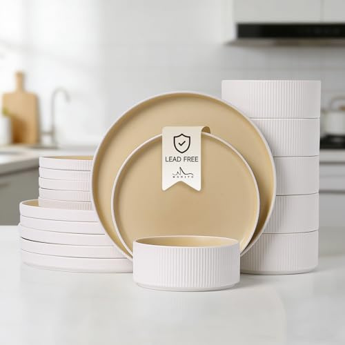 MONITO Ceramic Dinnerware Sets for 4, 18PCS Stoneware Plates and Bowls Sets, Reactive Glaze Dish Set, Chip and Scratch Resistant Double, Microwave and Dishwasher Safe, White Orange