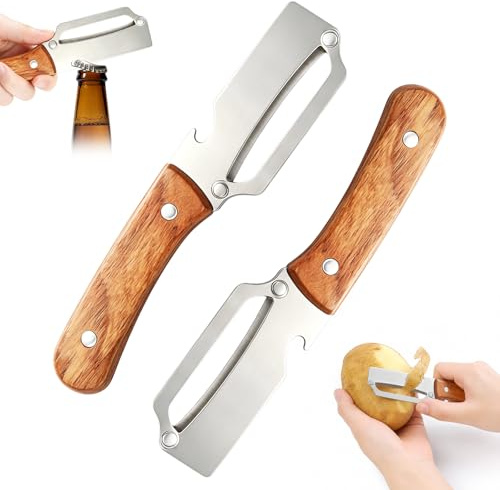 2 Pack Peladores Multifuncional, 2 en 1 Pelador de Frutas y Verduras con Abridor de Botellas, Cuchillo Pelador de Acero Inoxidable con Mango de Madera, un Pequeño Utensilio de Cocina