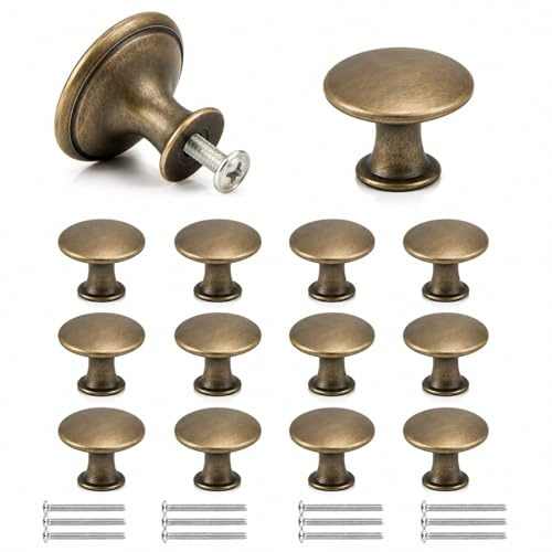 JBLJDWD 12PCS Antique Brass Door Knobs with Screws, Brass Drawer Knobs and Brass Cupboard Knobs for Cabinets, Drawers, Dressers