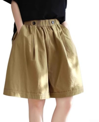 Pantalones cortos de pierna ancha para mujer, color sólido, ajuste holgado, cintura alta, casual, verano, vacaciones, playa, ciclismo, yoga, pantalones para damas (L caqui)