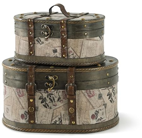 SLPR Alyssa Vintage Train Case - Set of 2, Antique Wooden Storage Boxes with Hinged Lids, Old Fashioned Decorative Wood Trunk, Memory Chest for Keepsakes and Home Décor