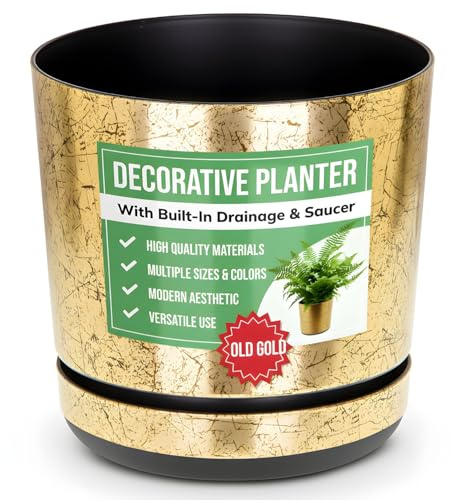 KORAD OLD GOLD flower indoor plant pot with saucer plastic gloss modern decorative planter with drainage holes (16cm - 6.3 inch)