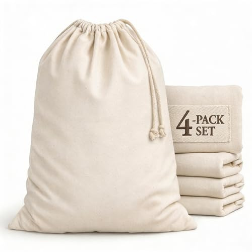 Urban Villa Laundry Bags 4-Pack 28”x36 Extra-Large Cotton Canvas Heavy Duty Washable Durable Travel Laundry Sacks with Drawstring Closure Reusable Hamper Liners for Dirty Clothes Delicates & Lingerie