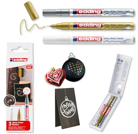 edding 780 Glanzlackmarker - weiß, gold, silber (metallic) - 3er Set Lackmarker - extra-feine Rundspitze 0,8 mm - Lackstift für Glas, Stein, Holz, Kunststoff und Papier - wasserfest, sehr dünn