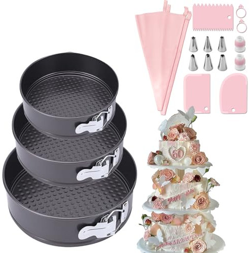 HQILRRA Moule Charnière 20 cm, Gâteau 20 cm, Layer Cake, Genoise Rond, Charnière, 3 Tailles (20/22/24 cm)