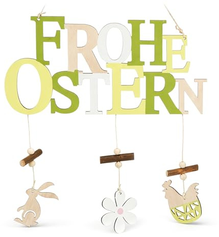 COM-FOUR® Türschild Frohe Ostern - Schriftzug mit Hase, Blume, Huhn für Ostern - Oster-Deko zum Aufhängen an Haustür, Wand, Fenster (gelb/grün - 1 Stück)
