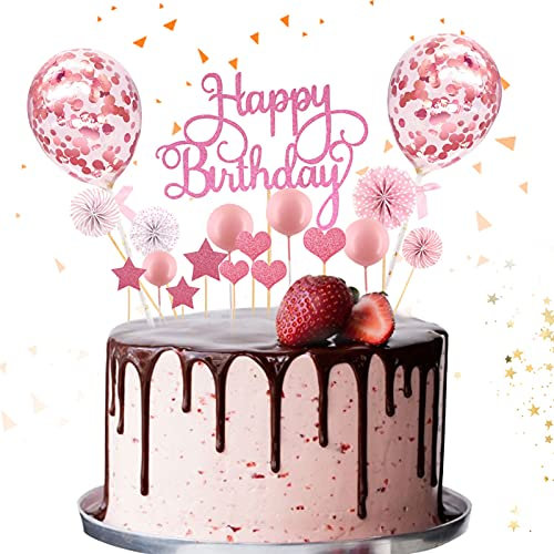 Happy Birthday Decoration Gateau Or Rose Gold,38 Pièces Deco Gateau Anniversaire, Or Rose Decoration Gateau Anniversaire Paillettes,Fête de D'anniversaire Fille