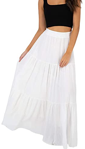 Annebouti Womens Spring Summer Boho Elastic Long Skirts High Waist Pleated A Line Tiered White or Black Maxi Skirt, White, M