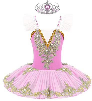 MSemis 3tlg. Mädchen Ballettkleid Schwan Ballett Kostüm Tanz Trikot mit Mesh Tutu Kleid Kinder Ballettkleidung Gr. 98-164 C Rosa A 110-116