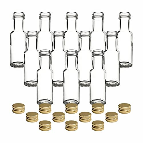 gouveo Juego de 12 botellas de vidrio Dorica de 100 ml con tapón de rosca - Pequeñas botellas redondas de vidrio para aceite, vinagre y licor con tapas doradas PP31.5 (DFT100G)