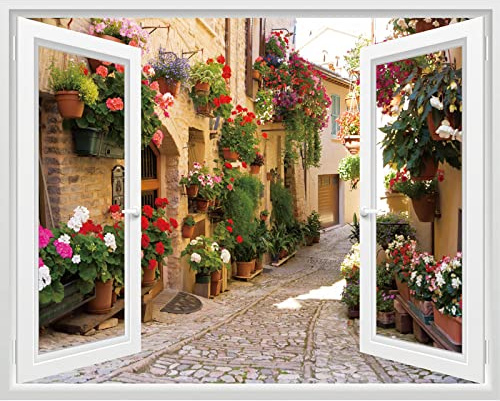 Fausse Fenêtre Tableaux Panoramique sur Toile. Fleur d'angle Fenetre Vue 3D Paysage Tableau Impression nature sur toile.Tableau d'art mural Image sur toile 60x80cm(24x32in)sans cadre