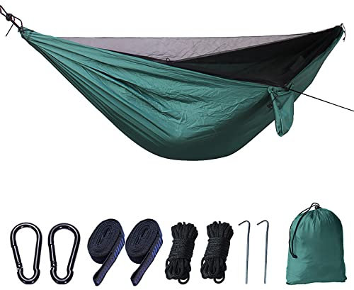 MYSUNBAR Hängematte mit Moskitonetz Sendowtek Tragbare Reise Hängematte mit Baumgurten D-förmige Karabiner Elastische Seilschlaufe Fallschirm Nylon Hängematte für Freien Camping Garten