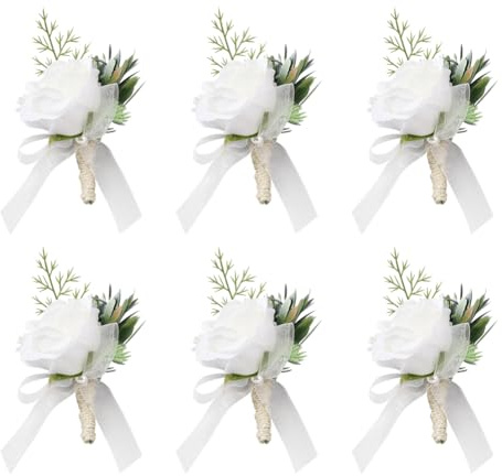 craspire Set Mit 6 weißen Rosen-Boutonnieres Für Bräutigam Und Trauzeuge Im Boutonniere Mit Rosenblättern Für Herren Im Boutonniere-Set Für Bräutigam, Trauzeugen, Hochzeit, Abschlussball