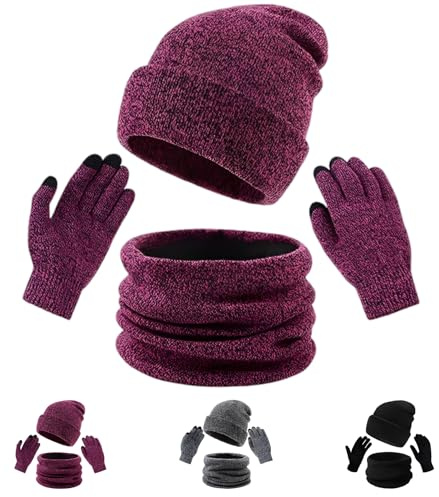 RainFlowwer Hat Gloves Scarf Set, Slouchy Beanies Hat Neck Warmer Mittens for Women and Men Winter Hats Cuffed Warm Ski Caps (Purple)