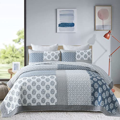 Y-PLWOMEN Quilts Queen-Size-Größe, 100 % Baumwolle, leicht, weich, Queen-Size-Steppdecke, blau-grau-weiß, gesteppte Tagesdecke, Patchwork, wendbar, Bettwäsche-Set für alle Jahreszeiten, 3-teilig