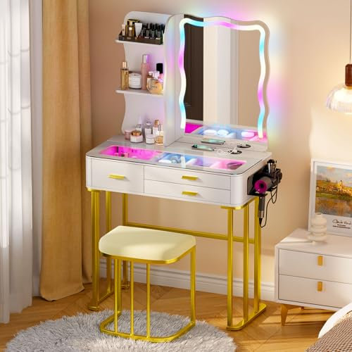 Lvifur Schminktisch mit Spiegel, Schminktisch mit Beleuchtung Hocker Glasplatte 3 Schubladen Lippenstiftständer Haartrocknerständer Frisiertisch für Wohnzimmer 40 * 80 * 140 cm