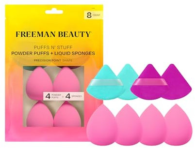 Freeman Puffs N' Stuff Powder Puffs + Liquid Sponges Set, Makeup Blending Sponges & Powder Puffs, For Foundation, Concealer, & Setting Powder, Vegan & Cruelty Free, 8 Count
