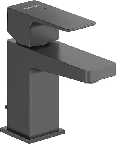 Duravit Manhattan wassersparende Waschtischarmatur, Größe S (Auslauf Höhe 76 mm), Wasserhahn Bad mit Zugstangen-Ablaufgarnitur, Armatur Waschbecken, Schwarz Matt