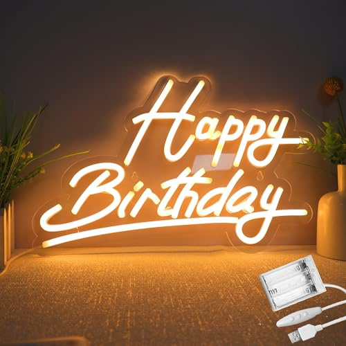 Ginsso Warme Farbe Happy Birthday Neon Schild, Batteriebetrieben, USB-betriebene Neon Sign für Wanddekoration, einstellbare Helligkeit, „Happy Birthday“-Leuchtreklamen (38 x 25 cm)