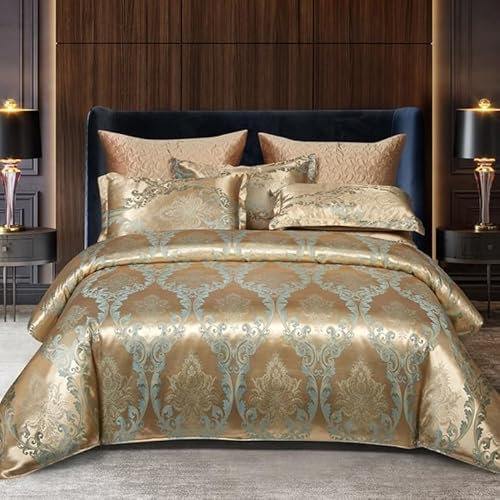 DXHOME Satin Bed Linen 155 x 220 cm Gold Smooth Shiny Romantic Baroque Duvet Cover Luxurious Modern Summer Bed Linen Duvet Cover Sets with Zip and 2 Pillowcases 80 x 80 cm