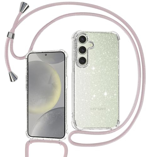 Tikgue Handykette für Samsung Galaxy S24 / Samsung Galaxy S25 Hülle Hülle mit Band, Handyhülle mit Kordel zum Umhängen Schutzhülle mit Kette Glitzer Transparent Weich TPU Silikon Bumper - Roségold