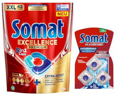 SOMAT 5in1 Caps 42 AW Excellence Premium, schnellauflösende Spülmaschinentabs mit Extra Boost, entfernen hartnäckige Essensreste + SOMAT 5in1 Maschinenreiniger 3 AW 57 g