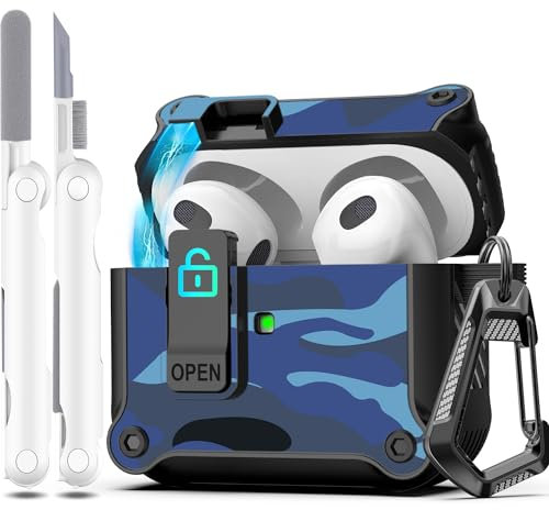 R-fun - Funda para AirPods de 3.ª generación 2021, protección Total contra caídas, Tapa emergente automática para Apple Airpod 3 Gen con Kit de Limpieza y Llavero,Camuflaje Azul