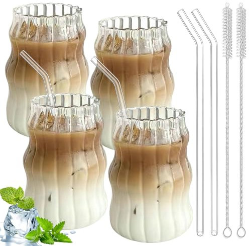 PRITOK Lot de 4 verres à café, tasses à expresso, latte macchiato - 530 ml - Verres à long drink pour café, thé, cola, soda, cocktails avec pailles en verre, brosses