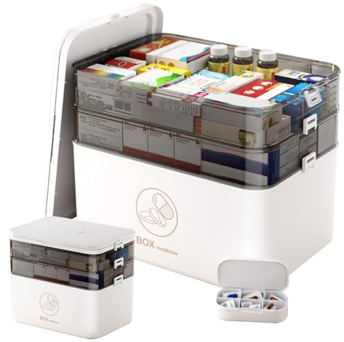 Boîte de rangement de médicaments Boîte de rangement de premiers secours portable en PP à 3 niveaux avec boucle d'étanchéité et double plateaux Boîte de rangement de médicaments cloisonnée pour la fam