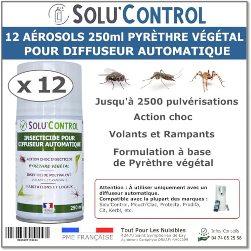 12 Aérosols Insecticide 250 ml au Pyrèthre Végétal - Compatible Diffuseur Automatique - Action Choc Contre Volants et Rampants