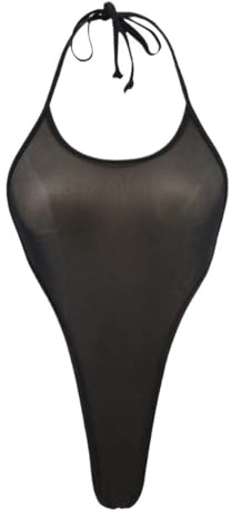HEARTTOUCH Body sexy da donna, con spalline a taglio alto, in rete trasparente, con allacciatura al collo, costume intero, Nero , S