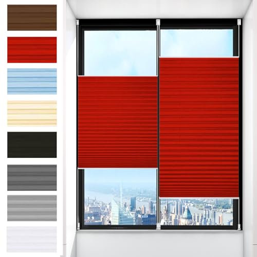 Plissee Ohne Bohren Verdunkelung 115 x 100 cm Verdunklungsplissee Uv-Schutz Plisseerollo Stoff, Jalousie Rollos Inkl. Aller Montage-Teile für Fenster & Tür, Rot