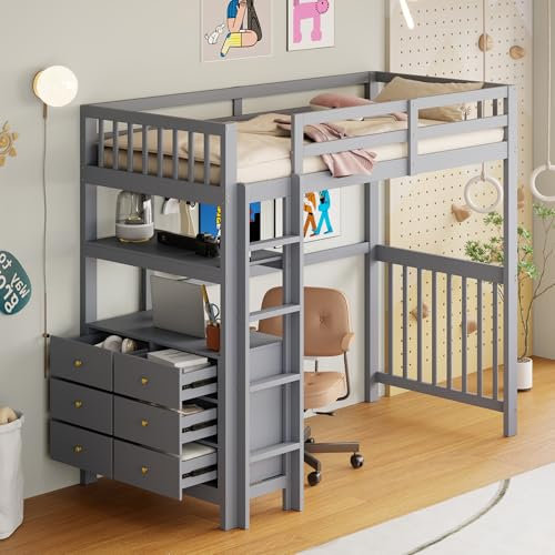 boorbin Hochbett 90 * 200cm, vertikale Sicherheitsleiter, Schubladen und Regale, hohes Zaundesign, Lattenrost, Bett aus Kiefernholz, Einzelbett aus Holz Grau