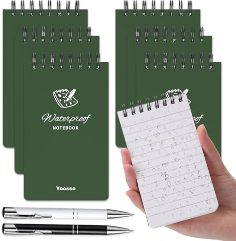 Yoosso 6 Stück Wasserdichte Notizblock, Pocket Notizbuch Spirale Notizblock mit 2 Kugelschreiber Taschennotizblock für Familie Schule Büro (Grün)