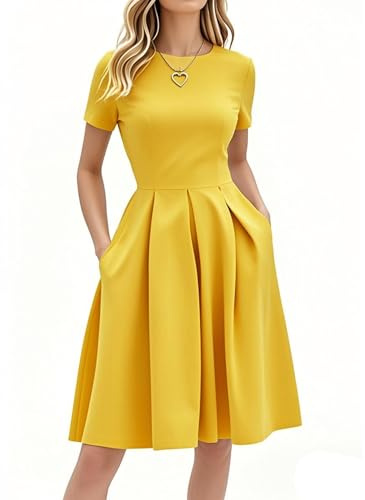 oxiuly Cocktail Summer Wedding Guest Dresses for Mother Teacher's Gift Christmas Elegant Casual New Year Hepburn Style Vintage Dress with Pockets S253 Light Yellow L