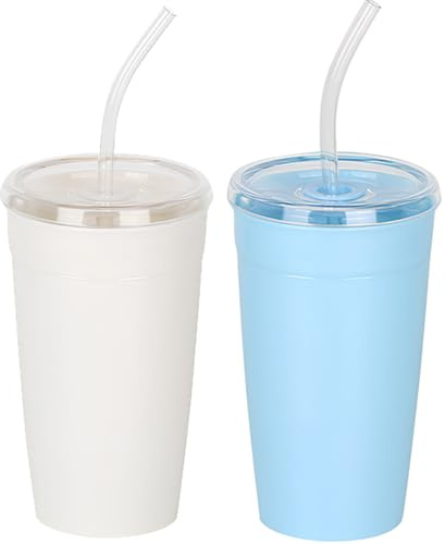 Yisituo Ysituo 450ml Trinkbecher mit Deckel und Strohhalm Kinder, 2 Stück Eiskaffee Gläser, für Fruchtsaft, Slushies, Milch, kalte Getränke, Partys, Zusammenkünfte (2, Beige, Blau)