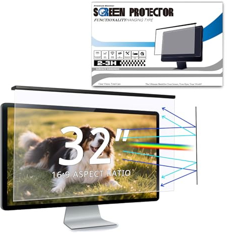 EliWhale Abnehmbarer Hängender Anti-Blaulichtfilter für 32 Zoll Monitor | 723 x 429 mm, für 31,5–32 Zoll 16:9 Monitore, matte Oberfläche, Blendschutz, UV-Schutz, HD-Blaulichtfilter & Augenschutz