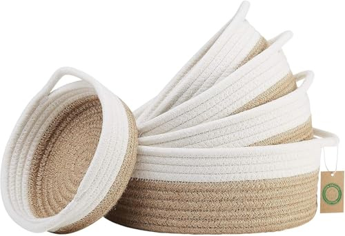 Set di 5 Cestino Portaoggetti di Cotone per Riporre, Cestini Portaoggetti organizzatori con manico, Porta Oggetti decorativo intrecciato per armadio, bagno o fasciatoio per neonati