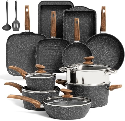 Kitchen Academy 17-teiliges Topfset Induktion, Granit Topf und Pfannenset | Antihaft Kochtopf Kochgeschirr Set für Induktion, Gas, Elektroherd, ungiftig, PFOA und PFOS frei, Schwarz