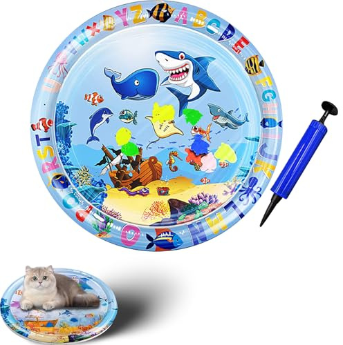 Wassermatte Katzen Kratzfest, Hunde-Katzen Spiel & Kühl Wassermatte, Kühlmatte Katze mit Eine Fahrradpumpe, Sommer Aufblasbare Sensorische Wasserspielmatte, Interaktives Spielzeug (#C, 100 * 100CM)