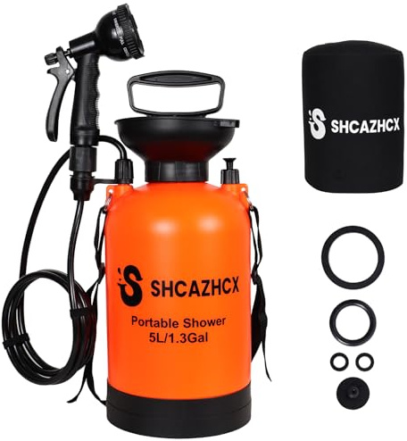 Shcazhcx 1.3 Gallon/5L Portable Outdoor Shower, 10 Spray Modes, No Power Needed, Insulated Sleeve Keeps Water Warm, Multi-Use Sprayer for Camping, Beach & Surfing, Fishing, Hiking, Road Trips, Orange