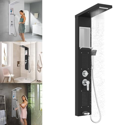 YARDIN Duschpaneel Regendusche mit Ablage & Armatur 5-Funktion Edelstahl Wandmontage Duschsystem mit Handbrause, Regendusche, Massagedusche, Wasserfalldusche, Duschsäule Duscharmatur, Schwarz