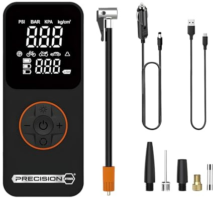 Precision Steel 211416 Mini Compresseur d’Air sans Fil – 11,1V | 10 Bar | Batterie Lithium Rechargeable 4500mAh | Écran LED | Torche LED | Gonflage Rapide | USB-C | Embouts Inclus | Auto Moto Vélo