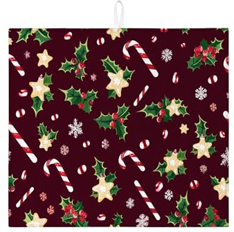 Tapete de secado de platos de Navidad para encimera de cocina, tapete escurridor absorbente de acebo festivo y estrella dorada, almohadilla de secado de microfibra de invierno para cafetería, 16 x 18