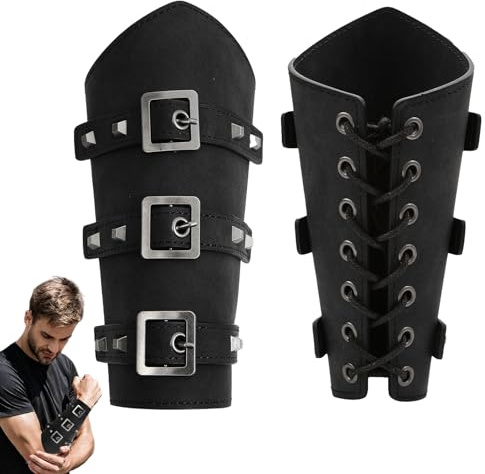 CHUANFU 2 Stück Wikinger Leder Armschützer, Mittelalterliche Armschienen PU Leder, Ritter Retro Armschienen Mittelalter Armschutz, Kostümzubehör für LARP, Renaissance, Cosplay Halloween (Schwarz)