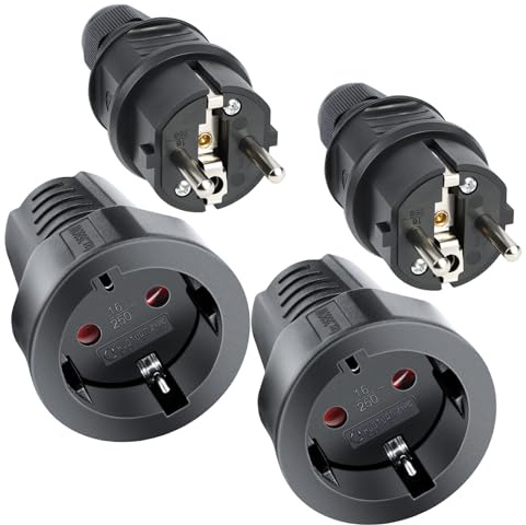 AXFEE 4PCS Fiche Schuko et Raccord, Kit Schuko Fiche + Prise Femelle, Étanche IP44, 250V 16A fiches europe schuko, fiche d'alimentation étanche, fiche D'alimentation De Contact de Protection