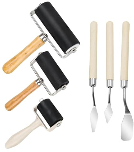 6 Pcs Rubber Roller Set, Brayer Rollers for Crafts, Printing Ink Roller, Hand Roller Tool, Crafting Brayers with 3 Sizes for Printmaking & Art Ink Applicator, 1.4 in, 2.4 in, 4 in + 3 Scrapers