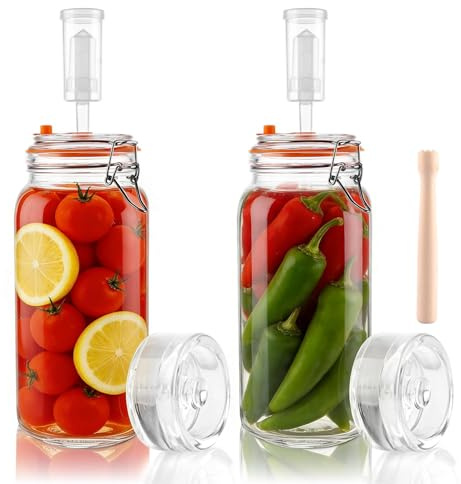 LDXDRU 2 Stück 2L Fermentierglas Fermentationsglas mit Gärventi & Gewicht Kimchi Behälter mit Luftschleuse Gärbehälter für die Heimbrauerei Gärglas für Sauerkraut, Kimchi, Kombucha und Pickles