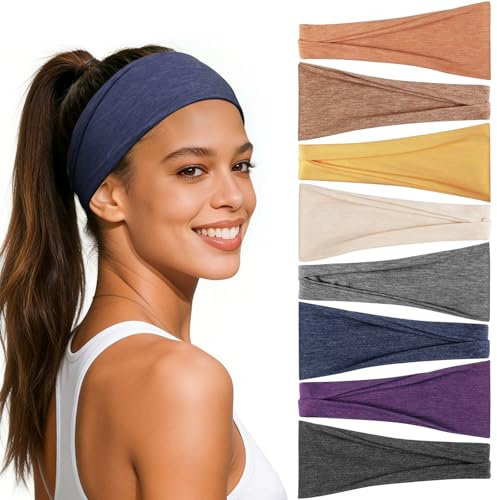 Awumbuk Fascia Capelli Donna, Set da 8 Pezzi, Multicolore con Tinta Unita e Fantasie Assortite, Elastiche e Traspiranti, per Sport Yoga Corsa e Uso Quotidiano (Viola)