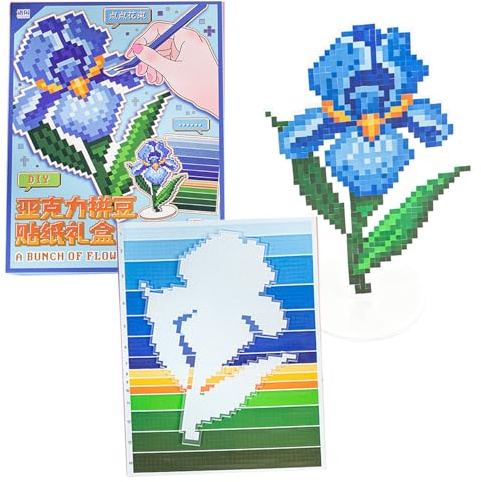 Peel and Stick Pixel Art Stickers with Acrylic Ornaments, Flower no-Melting Process Sticker Sets,Flower Puzzle Sticker Bead (Iris)